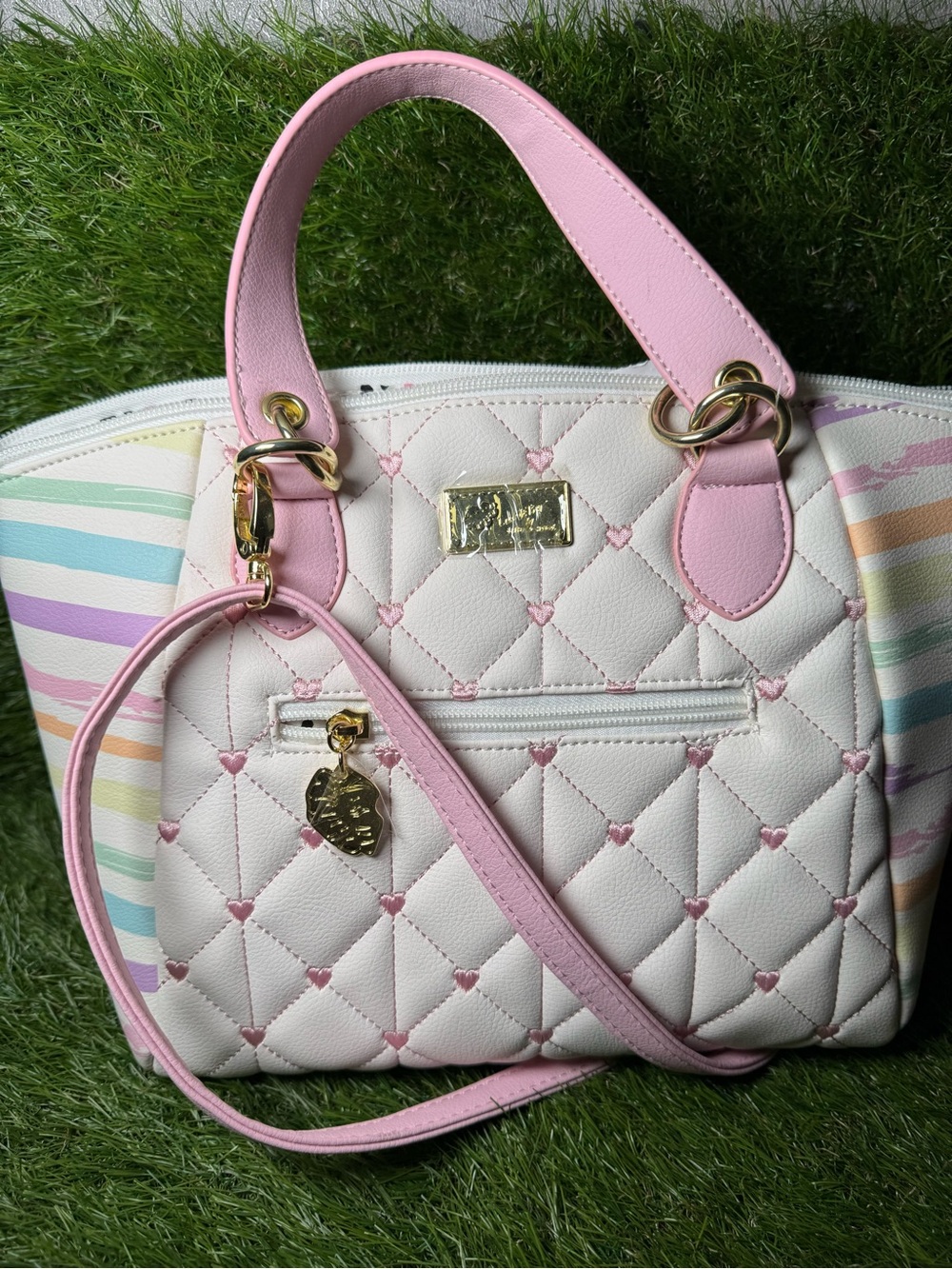 Women’s Quilted Heart Accent Satchel Shoulder Bag - Pink & White Betsy Johnson